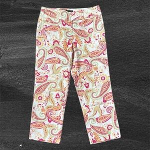 Herman Geist | Paisley Capri Pants | Stretch Cotton | Orange/White/Green | Sz 4